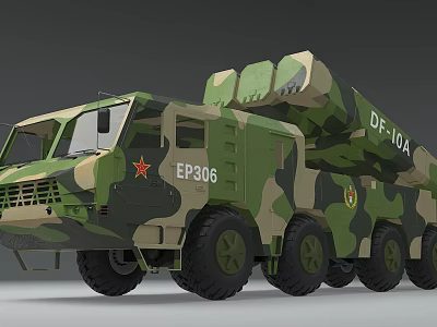 Camouflage Painted Functional Vehicle With DF10A Missile Launch System And Red Five Pointed Star 3d model