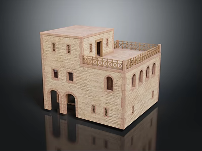 Beige Brick Two Story Building Model With Arched Door Windows And Second Floor Balcony Railing 3d model
