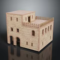 Beige Brick Two Story Building Model With Arched Door Windows And Second Floor Balcony Railing