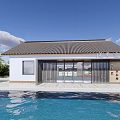 Traditional Modern Tourist Service Station With Glass Doors And Waterfront View