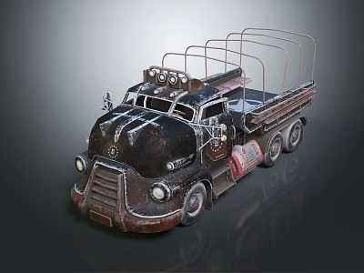 Vintage Rusted Truck with Metal Frame Open Cargo Bed Multiple Round Headlights and Decorative Details 3d model
