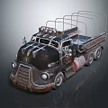 Vintage Rusted Truck with Metal Frame Open Cargo Bed Multiple Round Headlights and Decorative Details