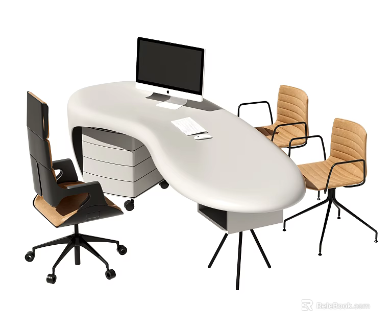 Modern White Oval Office Desk With Computer Monitor Papers And Wooden Chairs 3d model 