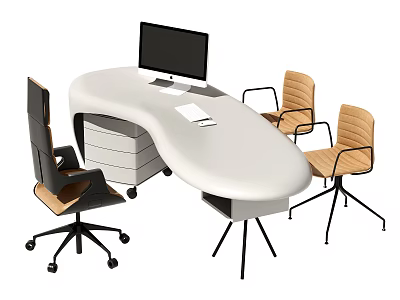 Modern White Oval Office Desk With Computer Monitor Papers And Wooden Chairs 3d model