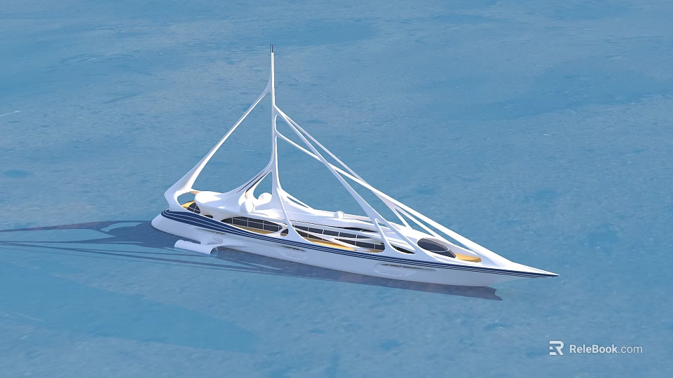Luxury Modern Yacht With Unique Sails On Water 3d model 