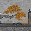 Chinese Style Feature Wall with Orange Tree White Bird Stone Lions and Rockery Elements