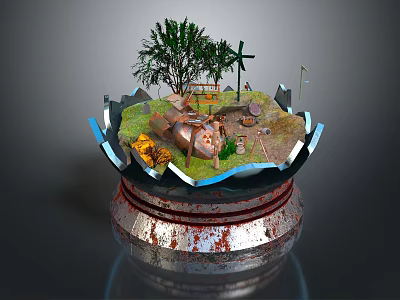 Commercial Equipment Miniature Scene With Windmill Street Lamp Green Tree And Small Structures 3d model