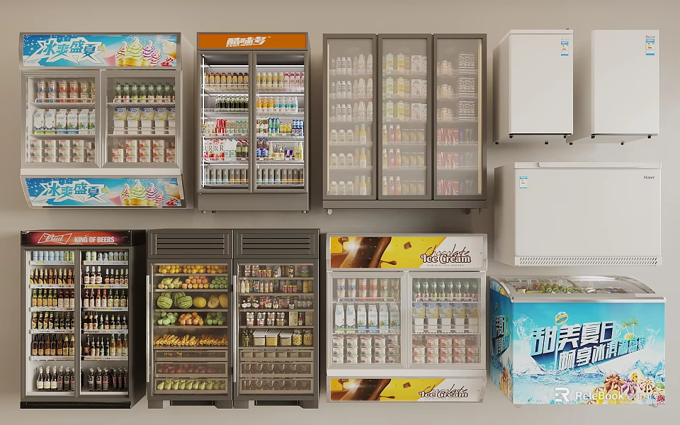 Various Types of Refrigerators and Freezers with Glass Doors for Beverage and Food Storage 3d model 