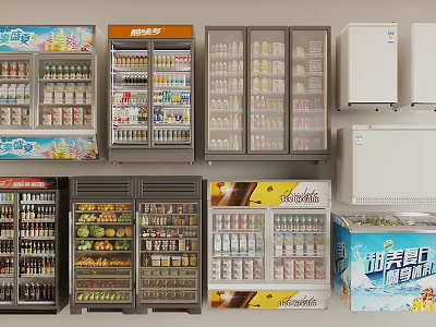 Various Types of Refrigerators and Freezers with Glass Doors for Beverage and Food Storage 3d model