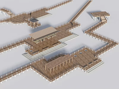 Scenic Wooden Boardwalk Infrastructure With Multiple Platforms And Roofed Rest Areas 3d model