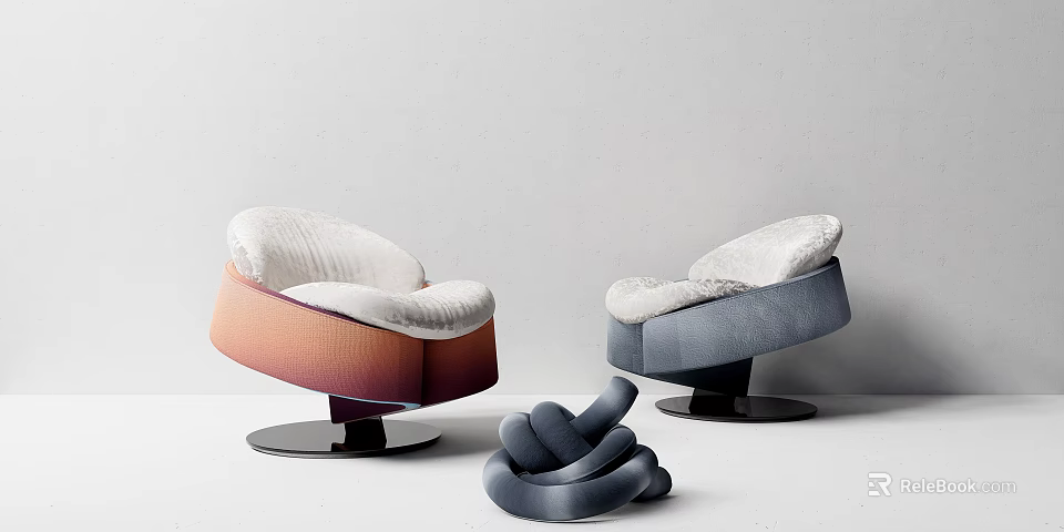 Gradient Orange and Blue Modern Single Sofa with Black Round Base and Gray Woven Decor 3d model 