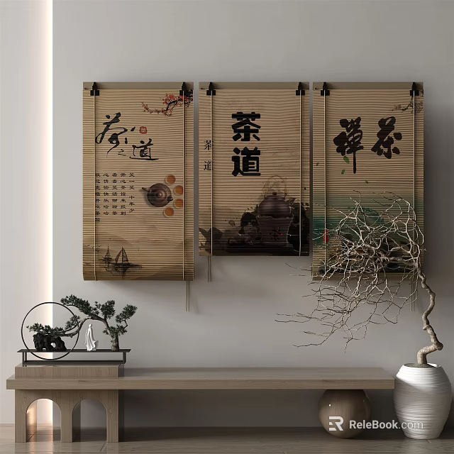 Chinese Zen Style Bamboo Blinds With Tea Ceremony Calligraphy Scroll Design 3d model