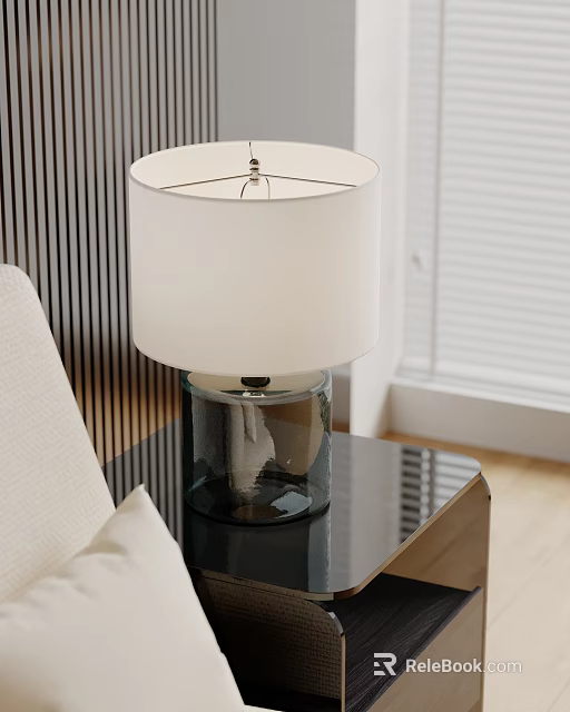 Modern Table Lamp with White Lampshade and Glass Base on Black Table by Window Blinds 3d model 