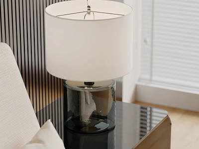 Modern Table Lamp with White Lampshade and Glass Base on Black Table by Window Blinds 3d model