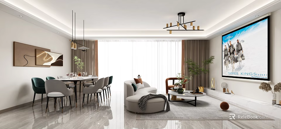 Modern Living Dining Room Interior With Sofa Dining Table Chandelier Curtains And Plants 3d model 