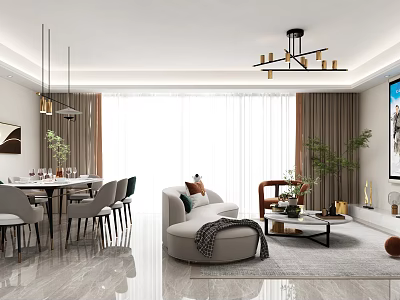 Modern Living Dining Room Interior With Sofa Dining Table Chandelier Curtains And Plants 3d model
