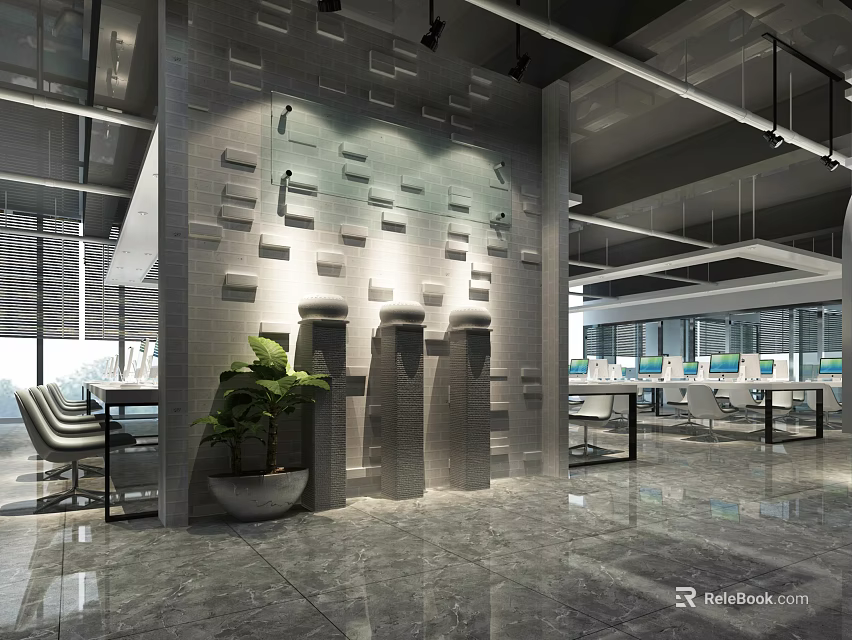 Modern Public Office Space With Open Layout Workstations Office Chairs And Green Plants 3d model 