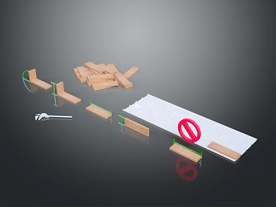 Set Of Wooden Blocks Green Plastic Components White Long Board And Red No Sign 3d model