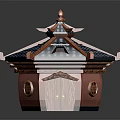 Traditional Building With Tile Roof Wooden Door Curved Eaves And Decorative Symbol