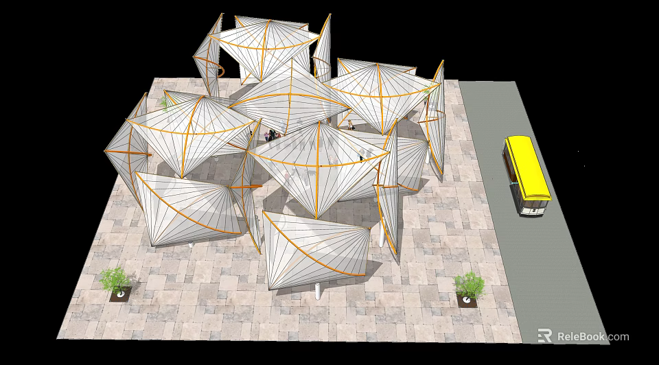 White Pergola With Geometric Structure Orange Lines Paved Ground Yellow Bus And Green Plants 3d model 