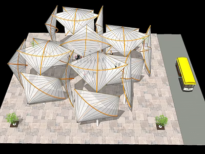 White Pergola With Geometric Structure Orange Lines Paved Ground Yellow Bus And Green Plants 3d model