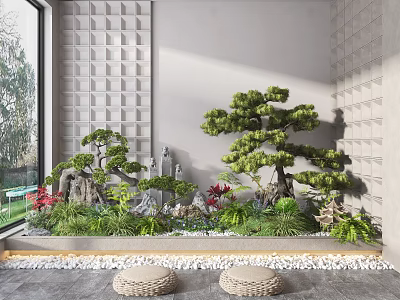 Elegant Indoor Miniature Garden Design With Bonsai Trees Stone Accents And Green Foliage 3d model