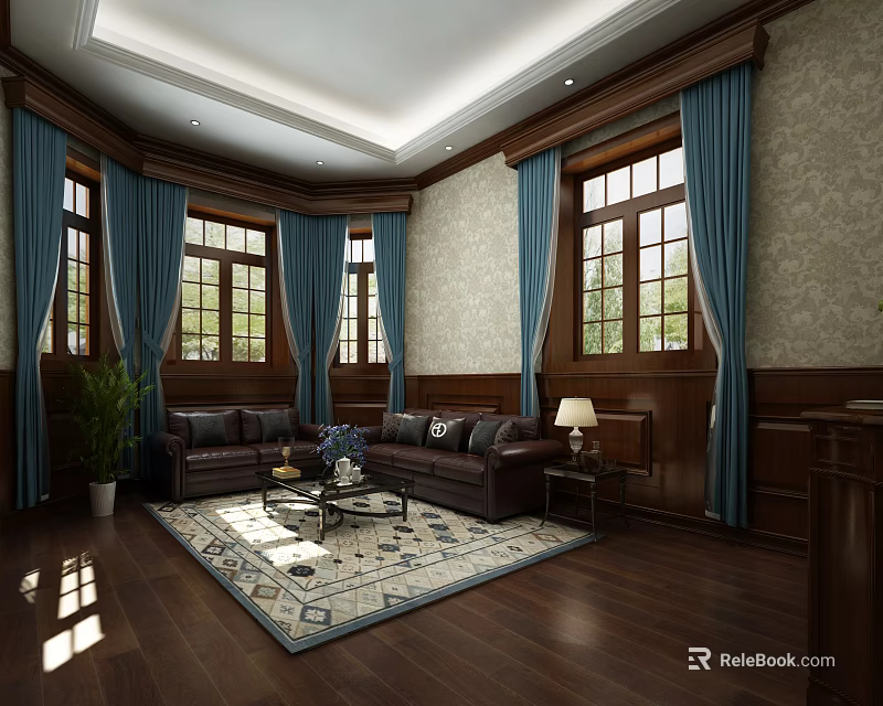 Elegant Conference Room With Dark Wooden Walls Blue Curtains Large Windows And Brown Sofas 3d model 