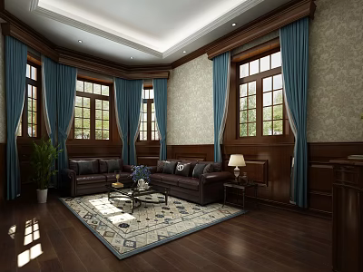 Elegant Conference Room With Dark Wooden Walls Blue Curtains Large Windows And Brown Sofas 3d model