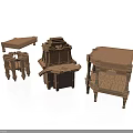 Architectural Wooden Furniture Pieces With Carved Details And Table Structures