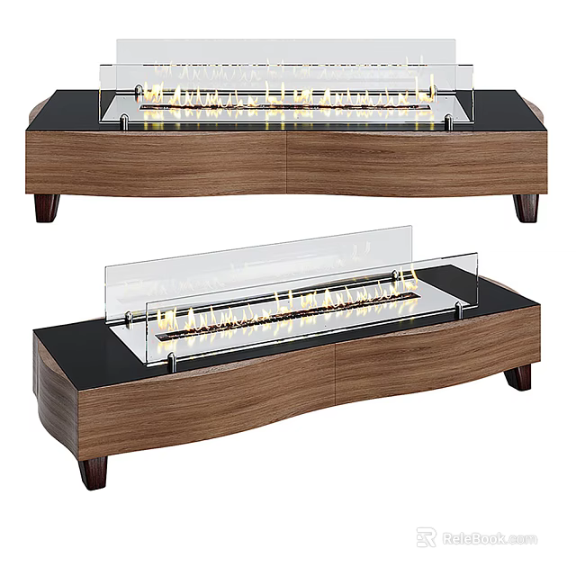 Two Modern Wooden Fireplaces With Glass Panel And Realistic Flame Effect 3d model 