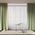 Green Curtains With White Sheer Panels For Indoor Window Decor And Potted Plant