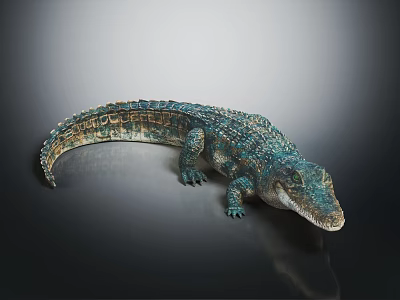 Realistic Blue Green Crocodile With Scaly Texture Lying On Dark Surface With Reflection 3d model