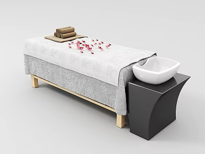 Spa Massage Bed with Rolled Towels Red Petals Gray Sheet White Bowl on Black Table 3d model