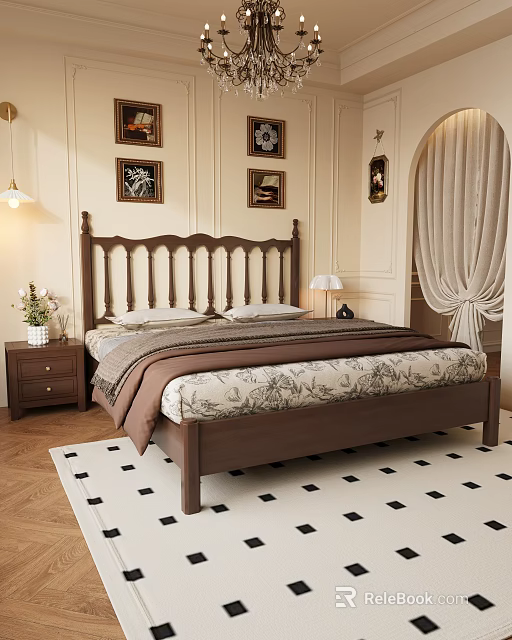 Classic Wooden Double Bed With Floral Bedspread Brown Blanket Nightstand And Decorative Paintings 3d model 