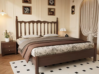 Classic Wooden Double Bed With Floral Bedspread Brown Blanket Nightstand And Decorative Paintings 3d model