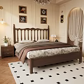 Classic Wooden Double Bed With Floral Bedspread Brown Blanket Nightstand And Decorative Paintings
