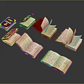 Open Books With Red Covers Displaying Text On Pages Arranged Together 3d model