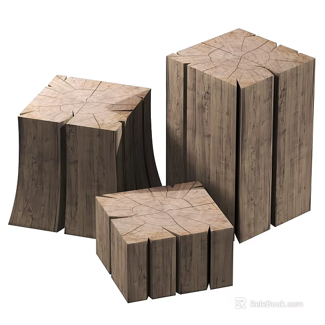Three Stump Shaped Dining Tables With Natural Wood Texture And Rustic Design 3d model 