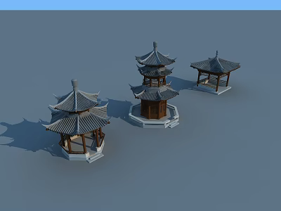 Three Chinese Traditional Pavilions With Wooden Structure Tiered Roofs And Curved Eaves 3d model