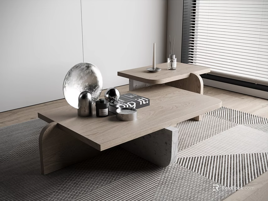 Modern Wooden Coffee Table with Metallic Decor and Magazine on Rug in Living Room 3d model 