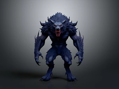 Fierce Wolf Like Creature 3D Model With Dark Blue Fur Sharp Teeth And Claws 3d model