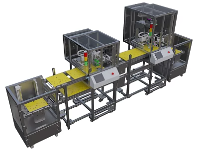Industrial Equipment Automated Production Line with Transparent Enclosures Yellow Worktables Metal Frames and Control Panels 3d model