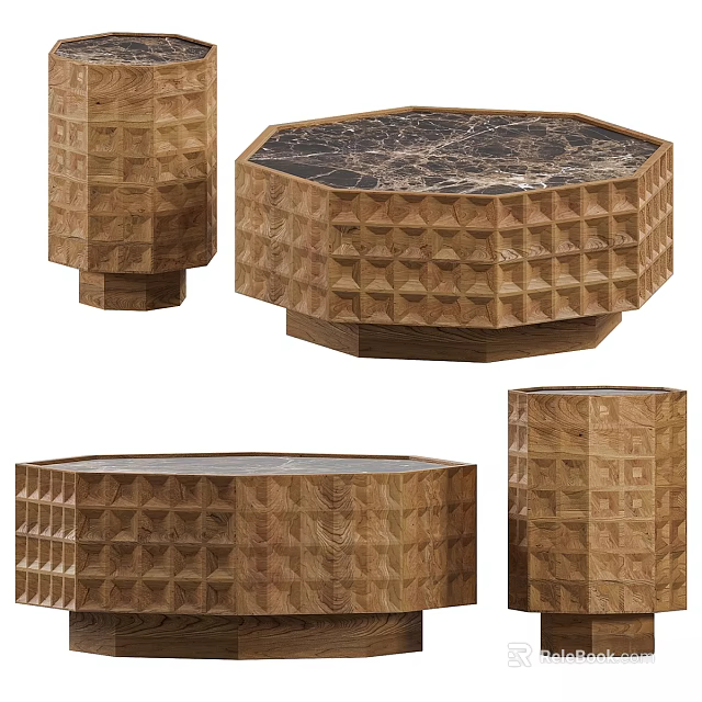 Modern Octagonal Dining Table With Marble Top And Geometric Patterned Wooden Frame 3d model 