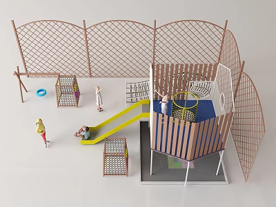 Outdoor Playground Equipment With Yellow Slide Climbing Net And Mesh Fence For Kids 3d model