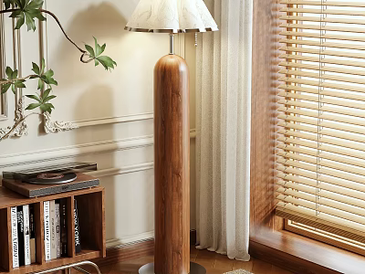 Modern Wooden Floor Lamp with Beige Fabric Shade near Bookshelf Vinyl Records and Potted Plant 3d model