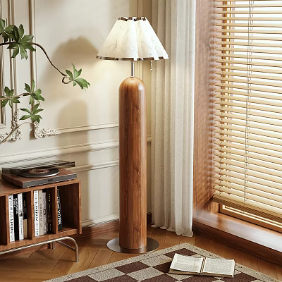 Modern Wooden Floor Lamp with Beige Fabric Shade near Bookshelf Vinyl Records and Potted Plant 3d model