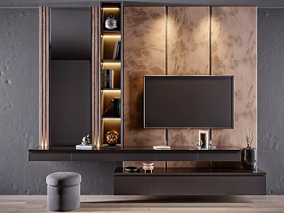 Modern TV Wall Design With Textured Panels LED Lighting And Display Shelves 3d model