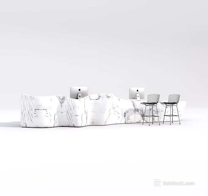 Modern Reception Desk Interior With Marble Surface Two Computers And Chairs 3d model 