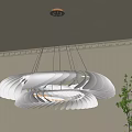 Modern White Layered Spiral Chandelier In Living Room Interior With Curtains And Green Plants