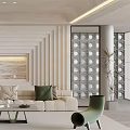 Modern Living Room Interior Design With Cream Sofa Green Chair And Vertical Stripe Wall